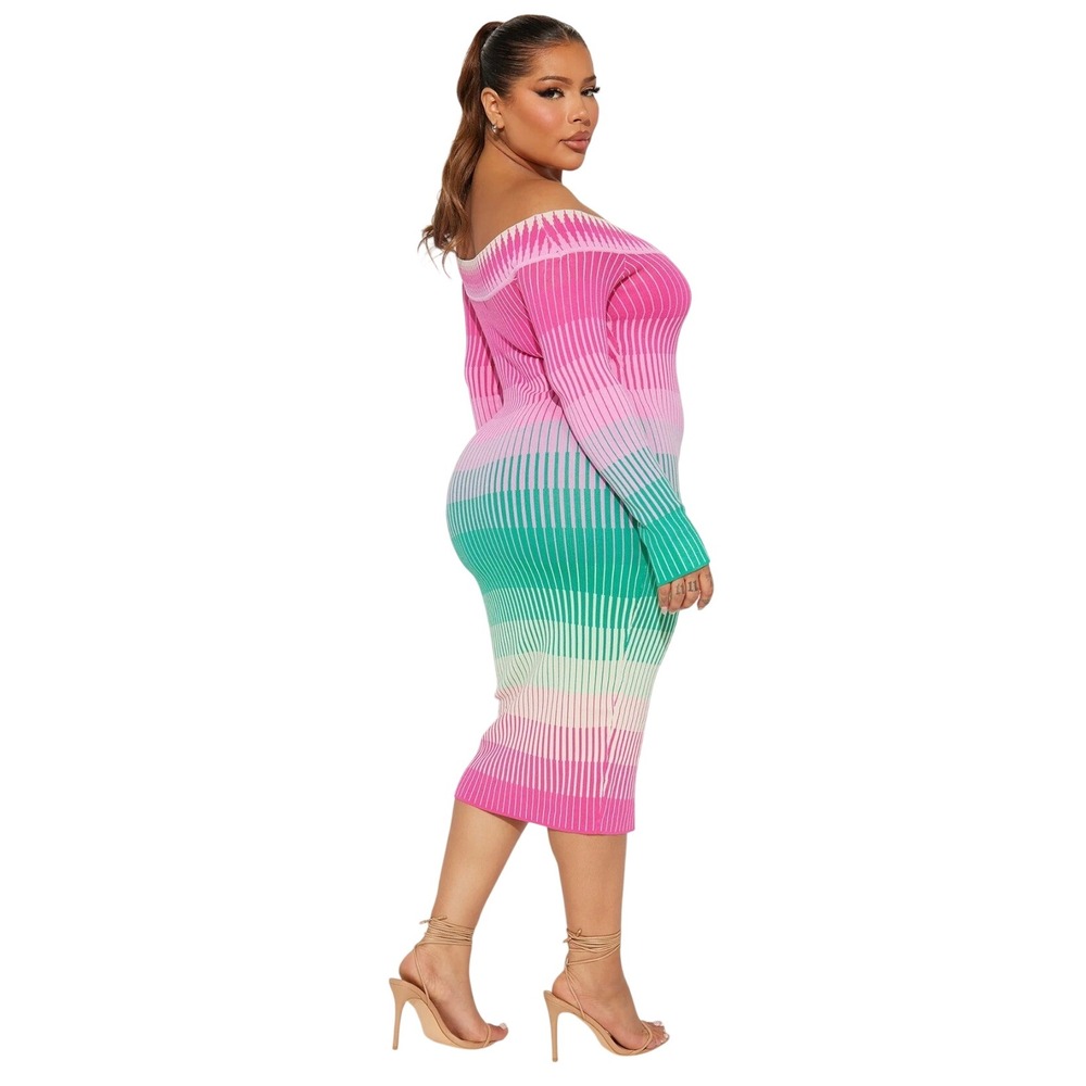 Fashion Nova Pink Teal Ombre Striped Off Shoulder Midi Sweater Dress XL NWT - Picture 3 of 6
